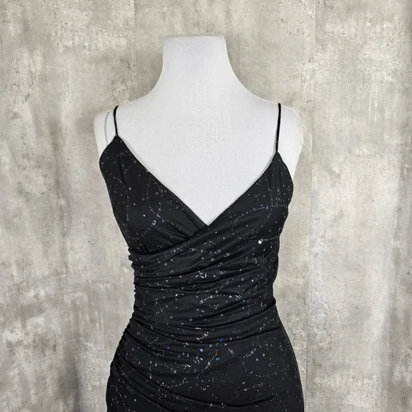 Vintage Y2K Fanny USA Black Glitter Ruched Evening Dress L Asym Hem  Celestial